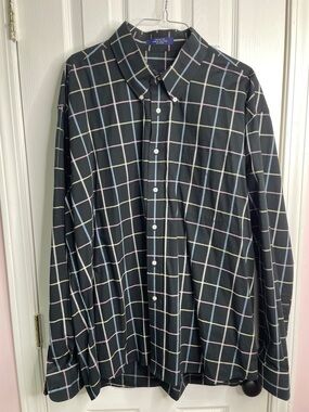 Alan Flusser Black Button-Down Shirt with Pastel Windowpane Grid